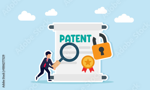 Businessman using magnifying glass to inspect locked patent document illustration of caution in business management including patent and copyright protection