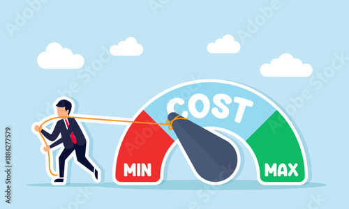 Businessman pulling cost indicator needle to prevent reaching maximum illustration of effort to reduce operational budget for business cost efficiency
