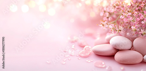 Soft pink pebbles and delicate pink flowers create serene and calming atmosphere on pastel background, evoking tranquility and beauty