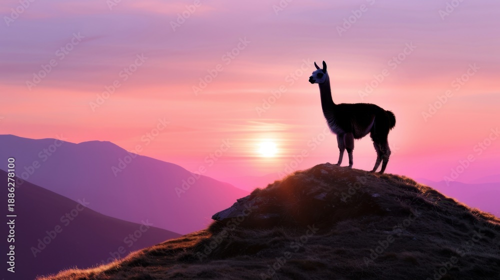 Fototapeta premium Silhouette of a Llama at Sunset Over Rolling Hills with Vibrant Sky and Mountains in the Background