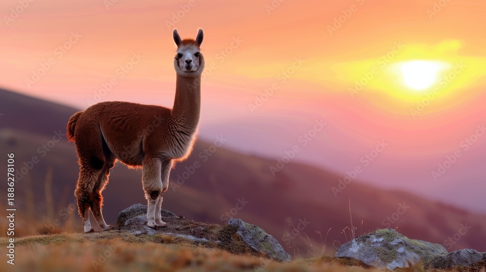 Naklejka premium Majestic Alpaca Silhouetted Against a Stunning Sunset in the Andes Mountains, Capturing Nature's Beauty and Tranquility