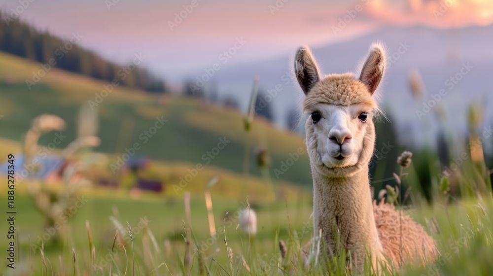 Naklejka premium Adorable young llama grazing peacefully in a lush green meadow with soft golden light illuminating the landscape at sunset