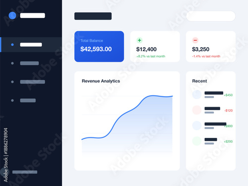 "A sophisticated and minimalist fintech dashboard UI, blending high-contrast dark navy navigation with soft, airy light-mode data cards. The design conveys a professional, tech-forward mood through