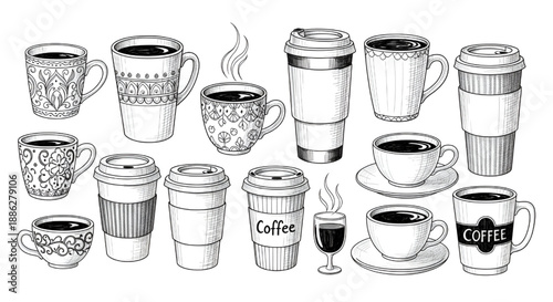 Coffee in Different Cups Set with Hand Drawn Doodle Style