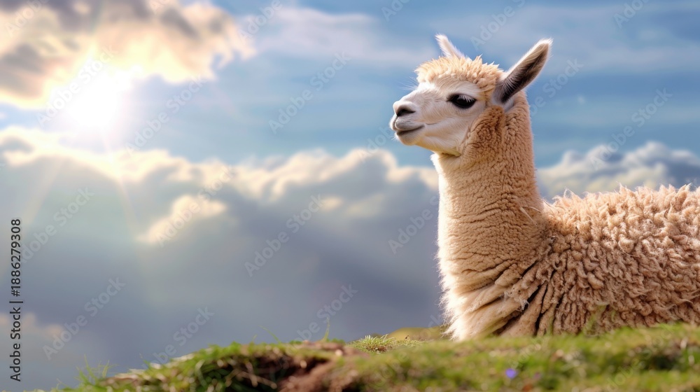 Fototapeta premium Serene Close-Up of a Llama on a Sunny Day with Dramatic Clouds and Bright Rays of Sunlight in the Background