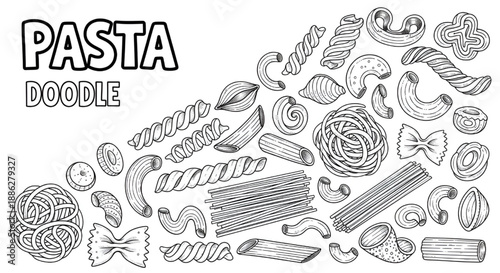 Pasta and Spaghetti Doodle Icon Set with Hand Drawn Outlines