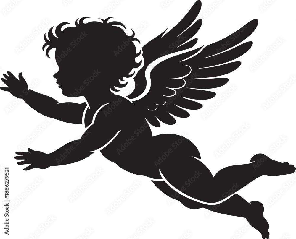 Fototapeta premium Black silhouette of a winged cherub flying with outstretched arms and legs on white background