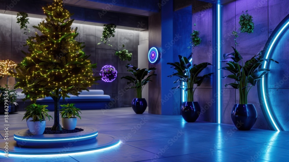 Fototapeta premium Modern Indoor Space with Christmas Tree and Vibrant Neon Lights for Festive Decor Inspiration