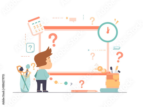 A young student stands bewildered before a whiteboard covered in question marks, contemplating academic challenges and future plans amidst the pressure of time and learning