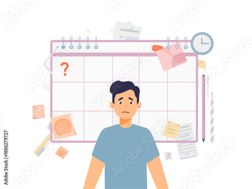 Confused young man feeling overwhelmed by his calendar, struggling with forgotten appointments and an uncertain schedule, highlighting issues with time management and upcoming events