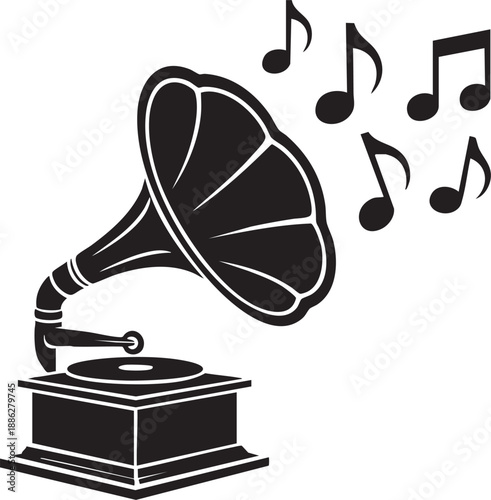 Vintage gramophone playing music notes on white background illustration