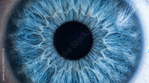 Extreme close-up macro photograph showcasing the intricate detail and vibrant blue color of the human iris