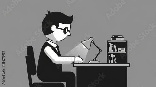Man studying at desk with lamp and books.