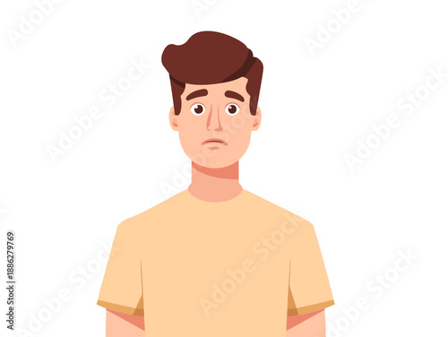 Young man with a subtle concerned expression, embodying feelings of mild worry or thoughtful uncertainty, rendered in a modern vector illustration style, ideal for depicting a range of human emotions