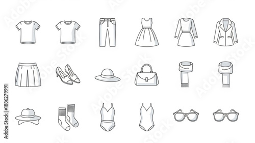 Collection of hand drawn fashion clothing and accessories icons.
