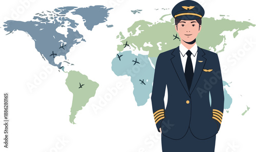 Illustration of a smiling pilot in a navy blue uniform with gold accents standing confidently in front of a world map with various flight routes.