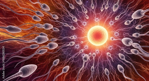 Microscopic view of fertilization process with sperm cells approaching an egg and colorful