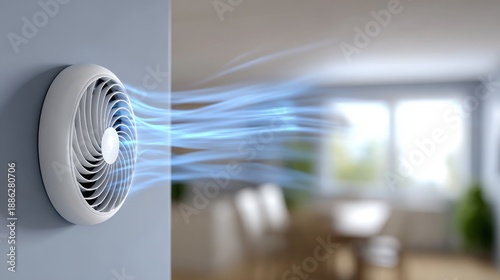 A white wall-mounted ventilation unit projecting streams of blue, cool air across a modern, blurred room interior.