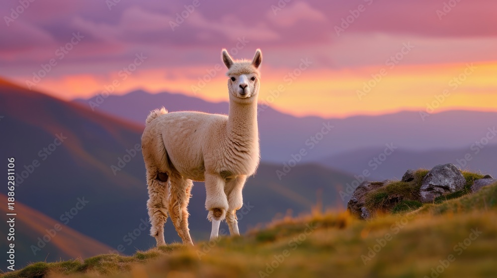 Fototapeta premium Serene Alpaca Standing on Hilltop Against Beautiful Sunset with Majestic Mountains in Background