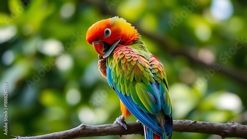 disarranged. A colorful parrot preening a feather on a branch, soft morning light. wildlife magazines, conservation campaigns, designed for eco-tourism storytelling.