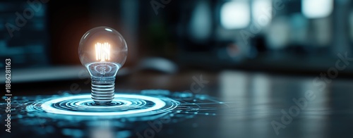 Glowing light bulb on futuristic platform with digital circuitry for innovation and technology concepts representing ideas and solutions. High quality photo