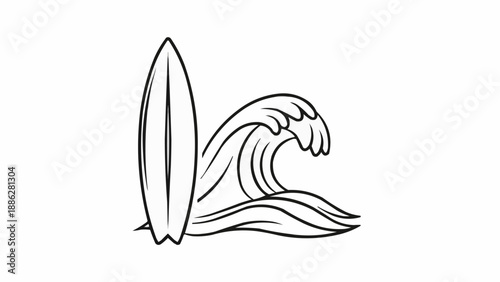 Surfboard standing next to a breaking ocean wave illustration.