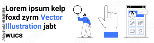 Character holding speech bubble, hand cursor pointing, and smartphone interface featuring profile icons, message, and settings. Ideal for UX design, tech, communication, app promotion education