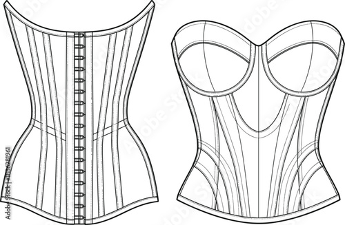 Full coverage underwire bra technical fashion flat sketch cad drawing vector illustration, front and back view lingerie apparel design template,