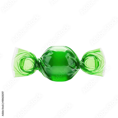 Green candy wrapped in transparent paper isolated on transparent background