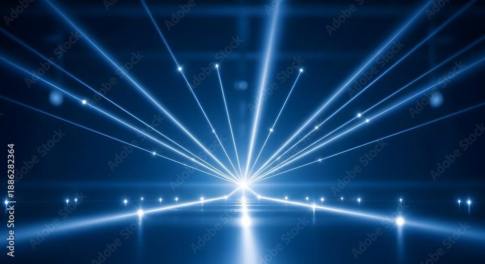 Obraz premium Abstract 3D illustration of bright blue glowing laser lines emitting from a single point on a dark reflective floor