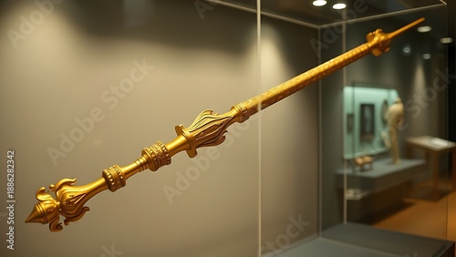 glaive. A ceremonial gilded glaive with carved shaft displayed in a museum. event programs, museum guides, designed for cultural heritage projects and event programs, preserves heritage.