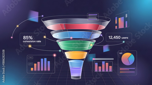 Sales Funnel Visualization with Conversion Rate, User Count, and KPIs on Dark Background, Futuristic Digital Style