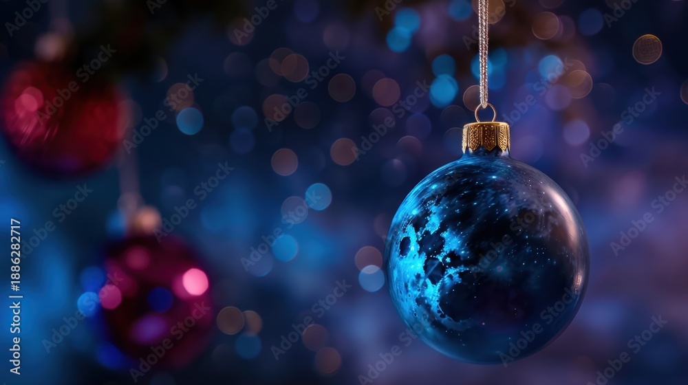 Fototapeta premium Blue Moon Ornament Featuring Stars Hanging with Bokeh Background for Festive Holiday Season Decoration