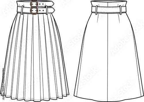 High Waisted Pleated Midi Skirt Technical Flat Sketch with Double Belt Detail Paperbag Waist Fashion Illustration Tech Pack Template for Apparel Design and Development