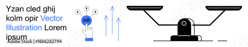 Human resources, workforce management, justice, balance, decision-making, fairness. A hand interacting with an HR icon, arrows and a weighing scale. Human resources and fairness concept