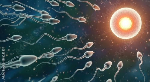 Microscopic journey: Spermatozoa race towards the ovum in a vibrant depiction of fertilization