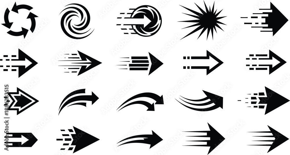Fototapeta premium A collection of 20 distinct black arrow icons showcasing various forms of movement, speed, and direction with stylized effects.