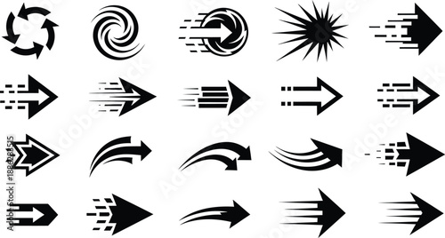 A collection of 20 distinct black arrow icons showcasing various forms of movement, speed, and direction with stylized effects.