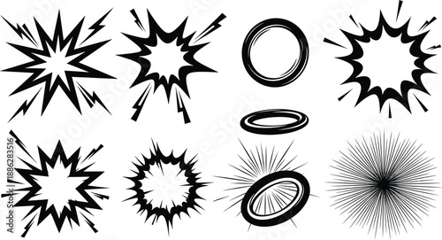 Abstract black and white graphic elements, including starbursts, rings, and circular patterns, symbolizing impact or energy.