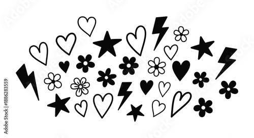 A scattered collection of black and white hand drawn icons including hearts stars flowers and lightning bolts high quality