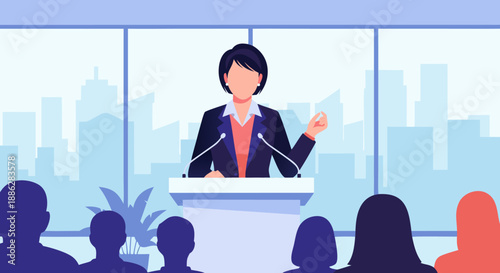 Business meeting vector illustration of a woman giving a speech at a podium with an audience listening