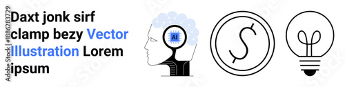 Innovation, finance, economy, creative thinking, problem-solving, mental processes. Human head with brain, currency icon and light bulb. Innovation and finance concepts visually explored