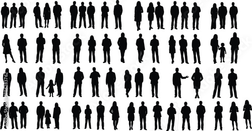 Large Black Silhouette Vector Set of Diverse People Men and Women Standing in Professional Poses Isolated on White Background for Architectural Entourage and Graphic Design