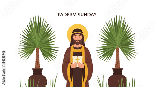 Jesus Christ standing with palm trees.