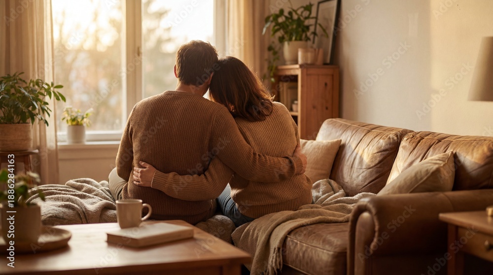 Obraz premium Couple embracing on a couch looking out the window at sunset, cozy home interior.