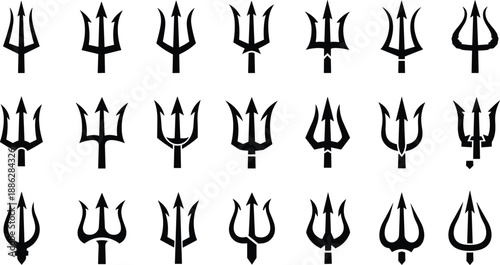 Large collection of black trident silhouettes vector set featuring ancient sharp weapons and devil pitchforks isolated on white background for heraldry design logos.