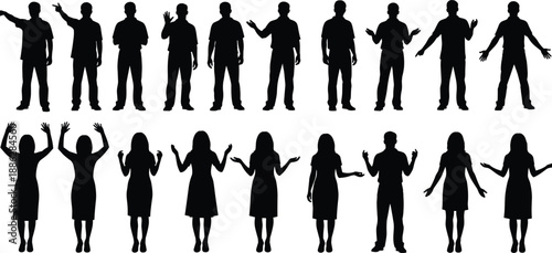 Large Collection of Diverse Men and Women Silhouettes Expressing Various Hand Gestures and Body Language Standing in Rows Isolated on a Clean White Background