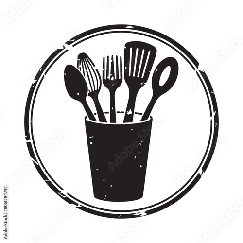 Black and white illustration of cooking utensils in a container circular design element