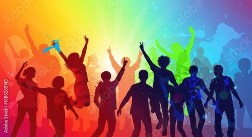 Silhouettes of people dancing with vibrant, colorful background. The scene is lively and full of energy, capturing a moment of celebration or festivity.