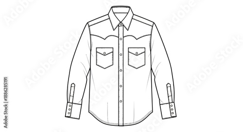 Men's Classic Western Shirt Technical Flat Sketch Vector Template with Pointed Yoke and Dual Flap Pockets